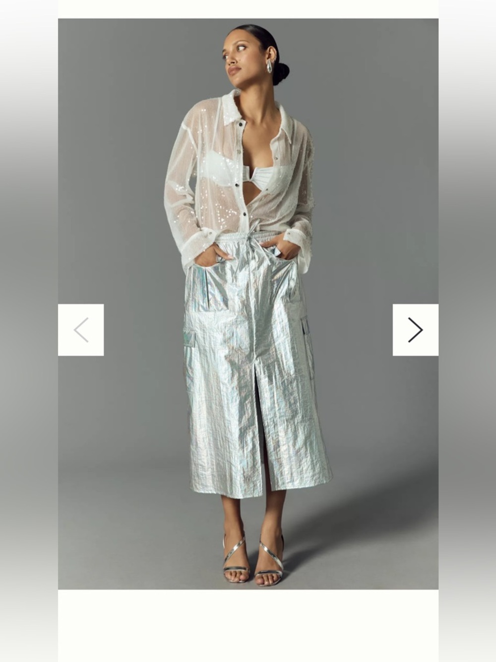 By Anthropologie Iridescent Metallic Silver Cargo Midi Skirt with Front Slit - Picture 7 of 9